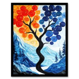 "Artery8 Autumn To Winter Tree Folk Art Mountain Landscape Framed Art Print in Blue - Size: W12"" x H16""" - thumbnail 1