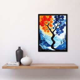 "Artery8 Autumn To Winter Tree Folk Art Mountain Landscape Framed Art Print in Blue - Size: W12"" x H16""" - thumbnail 4