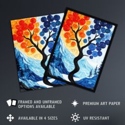 "Artery8 Autumn To Winter Tree Folk Art Mountain Landscape Framed Art Print in Blue - Size: W12"" x H16""" - thumbnail 2