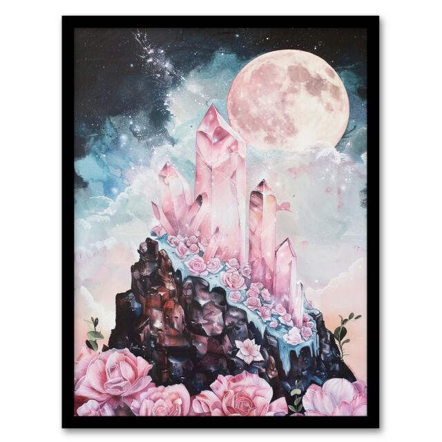"Artery8 Rose Quartz Crystal Full Moon Fantasy Landscape Framed Art Print in Pink - Size: W12"" x H16""" - image 1
