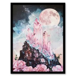 "Artery8 Rose Quartz Crystal Full Moon Fantasy Landscape Framed Art Print in Pink - Size: W12"" x H16""" - thumbnail 1