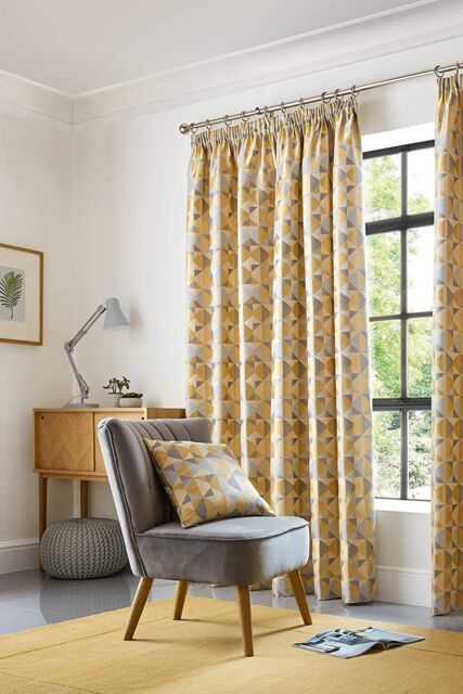 Alan Symonds Skandi Geometric Jacquard Fully Lined Taped Curtains in Yellow - Size: 229 cm width x 183 cm drop - image 1