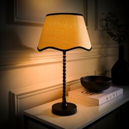 ValueLights Maeve Scallop Black Trim Drum Shade Matte Black Bobbin Table Lamp & LED Bulb - thumbnail 3