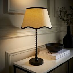ValueLights Maeve Scallop Black Trim Drum Shade Matte Black Bobbin Table Lamp & LED Bulb - thumbnail 1