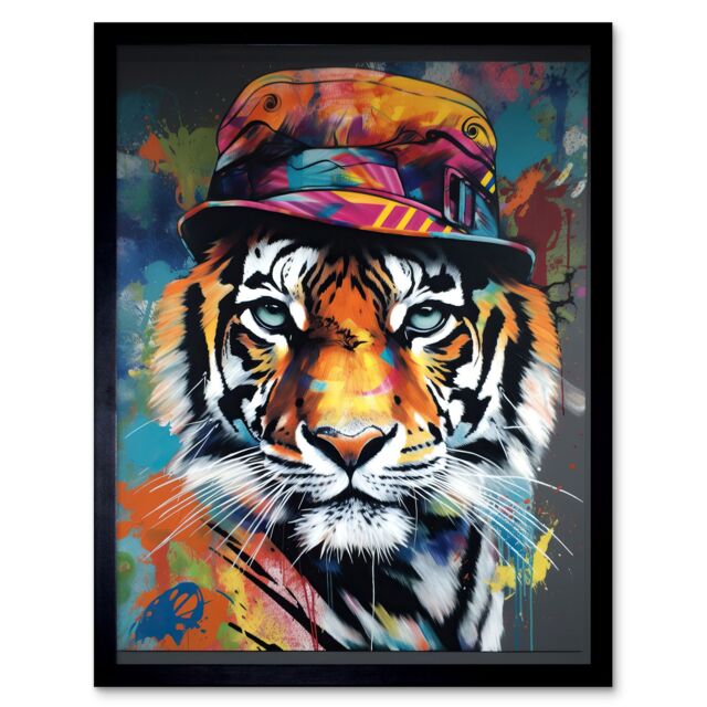 "Artery8 Wall Art Print Tiger Wearing a Bucket Hat Vibrant Multicoloured Art Framed in Black - Size: W12"" x H16""" - image 1