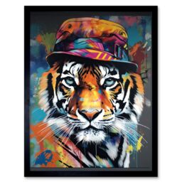 "Artery8 Wall Art Print Tiger Wearing a Bucket Hat Vibrant Multicoloured Art Framed in Black - Size: W12"" x H16""" - thumbnail 1