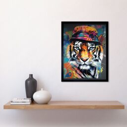 "Artery8 Wall Art Print Tiger Wearing a Bucket Hat Vibrant Multicoloured Art Framed in Black - Size: W12"" x H16""" - thumbnail 2