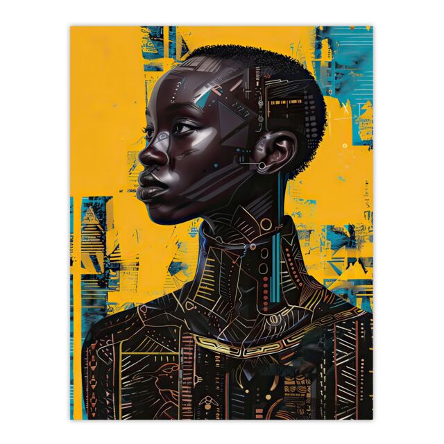 "Artery8 Futuristic Beautiful African Woman Painting Wall Art Print in Mustard - Size: W12"" x H16""" - image 1