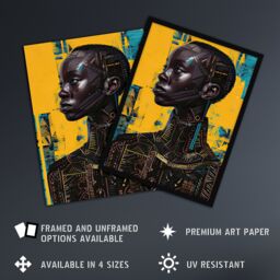 "Artery8 Futuristic Beautiful African Woman Painting Wall Art Print in Mustard - Size: W12"" x H16""" - thumbnail 2