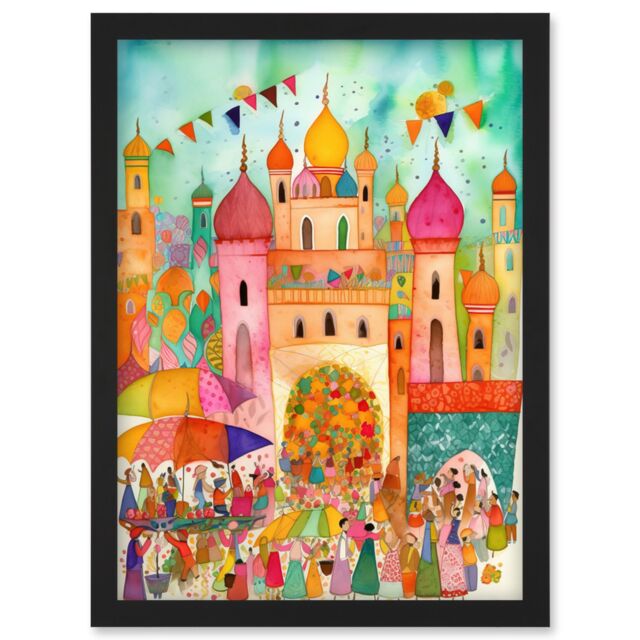 Artery8 Islam Eid Al-Fitr Feast Folk Art Watercolour Painting Artwork Framed Wall Art Print A4 in Black - image 1