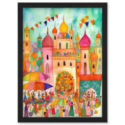 Artery8 Islam Eid Al-Fitr Feast Folk Art Watercolour Painting Artwork Framed Wall Art Print A4 in Black - thumbnail 1
