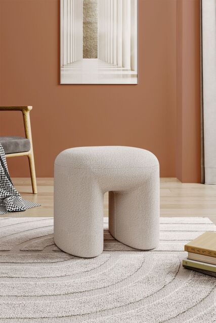 Living and Home Modern Teddy Bear Fur Upholstered Footstool in White - image 1