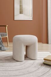 Living and Home Modern Teddy Bear Fur Upholstered Footstool in White - thumbnail 1