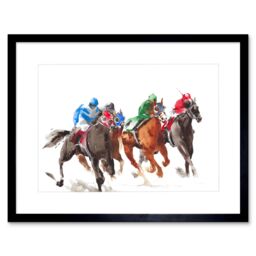 "Artery8 Wall Art Print Racing Horses On White Art Framed 9x7 inch in Black - Size: W7"" x H9""" - thumbnail 1