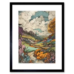 "Artery8 Wall Art Print Meadow River Multicoloured Landscape Artwork Framed 9X7 Inch in Black - Size: W7"" x H9""" - thumbnail 1