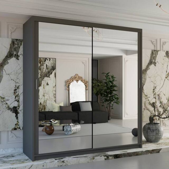Sliding Wardrobes 4U Double Mirror Sliding Wardrobe With LED Light W203cm x H217cm x D62cm in Grey - image 1