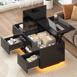 BTM Lift Top Coffee Table LED Drawers High Gloss Sofa Side Table in Black - thumbnail 1
