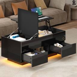 BTM Lift Top Coffee Table LED Drawers High Gloss Sofa Side Table in Black - thumbnail 2