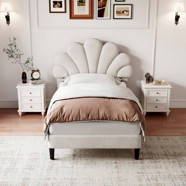 Merax 3ft Single Velvet Upholstered Bed with Adjustable Chic Petal Headboard in Beige - image 1