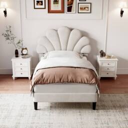 Merax 3ft Single Velvet Upholstered Bed with Adjustable Chic Petal Headboard in Beige - thumbnail 4