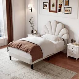 Merax 3ft Single Velvet Upholstered Bed with Adjustable Chic Petal Headboard in Beige - thumbnail 5