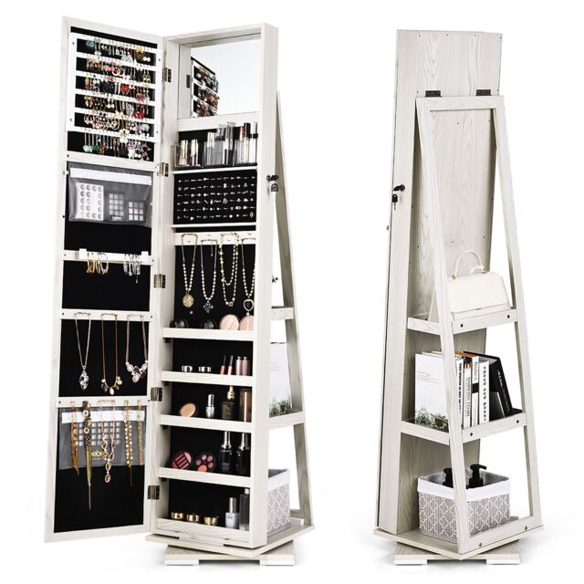 Costway 3-in-1 Rotating Mirrored Jewelry Armoire Freestanding Lockable Large Capacity Jewelry Organizer w/ Makeup Mirror in White - image 1