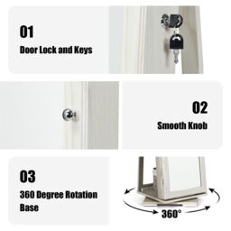 Costway 3-in-1 Rotating Mirrored Jewelry Armoire Freestanding Lockable Large Capacity Jewelry Organizer w/ Makeup Mirror in White - thumbnail 4
