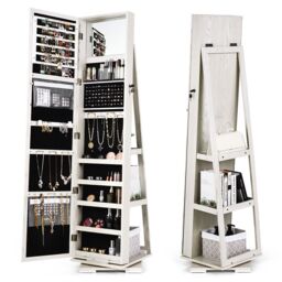 Costway 3-in-1 Rotating Mirrored Jewelry Armoire Freestanding Lockable Large Capacity Jewelry Organizer w/ Makeup Mirror in White - thumbnail 1