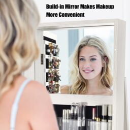 Costway 3-in-1 Rotating Mirrored Jewelry Armoire Freestanding Lockable Large Capacity Jewelry Organizer w/ Makeup Mirror in White - thumbnail 5
