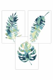 ARTZE Set of 3 Geometric Tropical Leaves In Teal Blue Green Art Posters - Size: W50 cm x H70 cm
