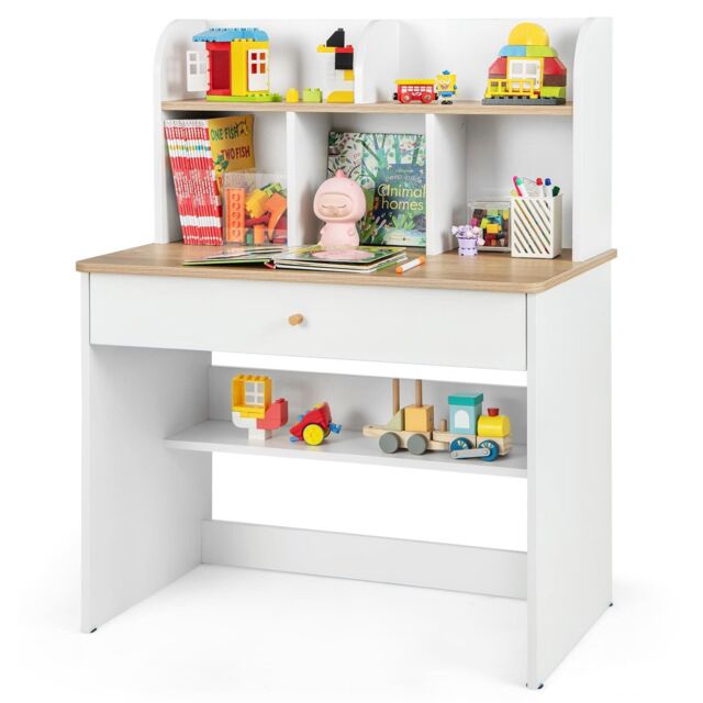 Costway Kids Wooden Study Desk Children Writing Table with Hutch & Drawer in White - image 1