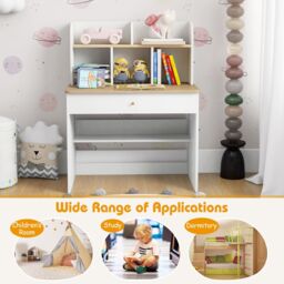 Costway Kids Wooden Study Desk Children Writing Table with Hutch & Drawer in White - thumbnail 5