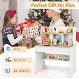Costway Kids Wooden Study Desk Children Writing Table with Hutch & Drawer in White - thumbnail 3