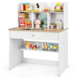 Costway Kids Wooden Study Desk Children Writing Table with Hutch & Drawer in White - thumbnail 1