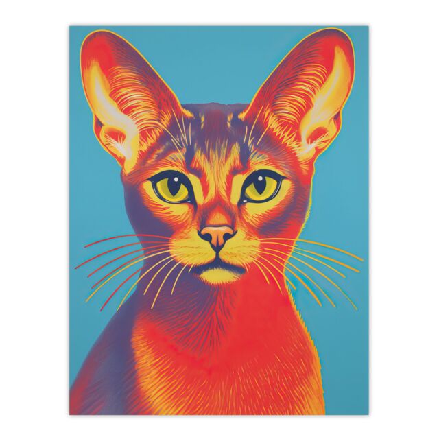 Artery8 Wall Art Print Abyssinian Cat Bold Vibrant Rich Red & Gold On Blue Screen Risograph Artwork Spot Block Colour Retro Riso Interior Design - image 1