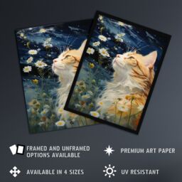 "Artery8 Moonlit Cat In Daisy Meadow Norwegian Forest Cat Oil Painting Extra Large XL Unframed Wall Art Poster Print - Size: W24"" x H32""" - thumbnail 2