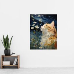 "Artery8 Moonlit Cat In Daisy Meadow Norwegian Forest Cat Oil Painting Extra Large XL Unframed Wall Art Poster Print - Size: W24"" x H32""" - thumbnail 4
