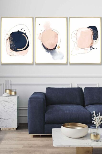 ARTZE Framed Abstract Navy Blue & Blush Pink Framed Wall Art - Large in Metallic Gold - Size: W53 cm x H73 cm x D20mm - image 1