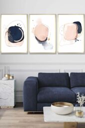 ARTZE Framed Abstract Navy Blue & Blush Pink Framed Wall Art - Large in Metallic Gold - Size: W53 cm x H73 cm x D20mm - thumbnail 1