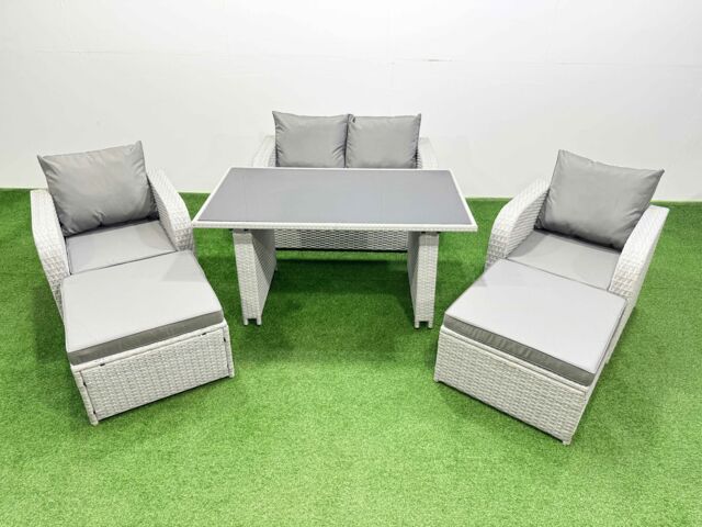 Fimous Outdoor Rattan Garden Furniture Dining Set 6-seater with 2 Big Stools in Light Grey