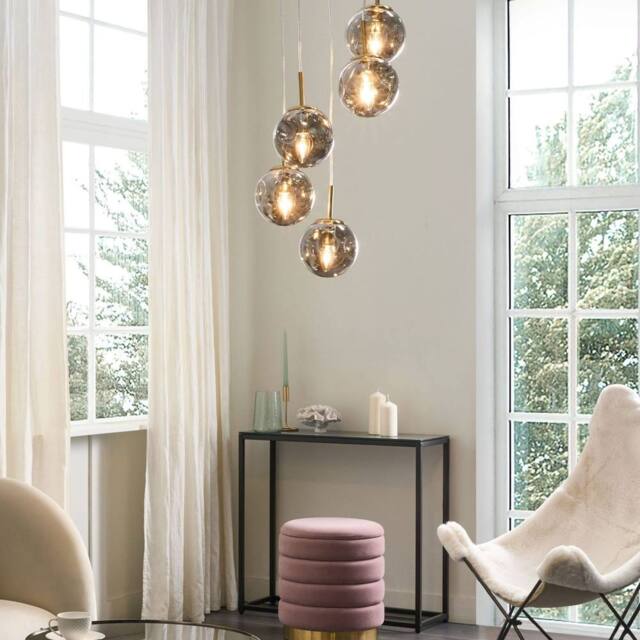Wyld and Coco Bea 5 Light Pendant Lamp Transparent Glass Shades Brushed Brass in Clear - image 1