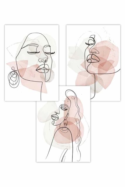 ARTZE Set of 3 One Line Abstract Fashion Faces in Pink & Ivory Art Posters in Light Pink - Size: W50 cm x H70 cm - image 1