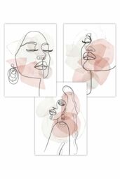 ARTZE Set of 3 One Line Abstract Fashion Faces in Pink & Ivory Art Posters in Light Pink - Size: W50 cm x H70 cm - thumbnail 1