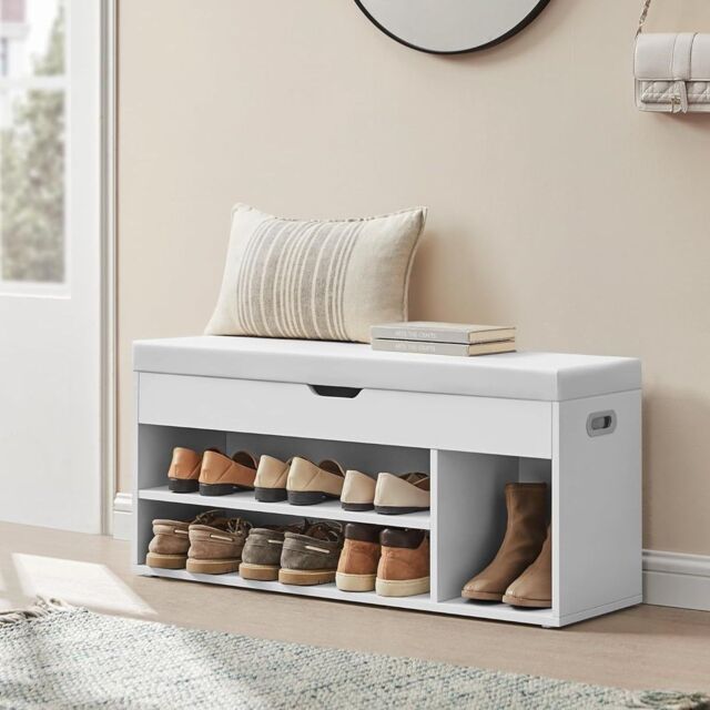 VASAGLE Large Shoe Storage Bench with Cushion 3 Compartments Wide Padded in White - image 1