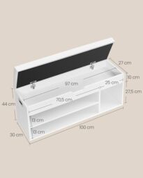 VASAGLE Large Shoe Storage Bench with Cushion 3 Compartments Wide Padded in White - thumbnail 2