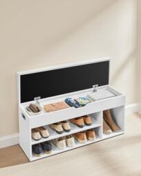 VASAGLE Large Shoe Storage Bench with Cushion 3 Compartments Wide Padded in White - thumbnail 5