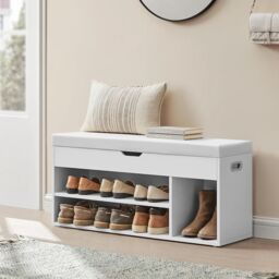 VASAGLE Large Shoe Storage Bench with Cushion 3 Compartments Wide Padded in White