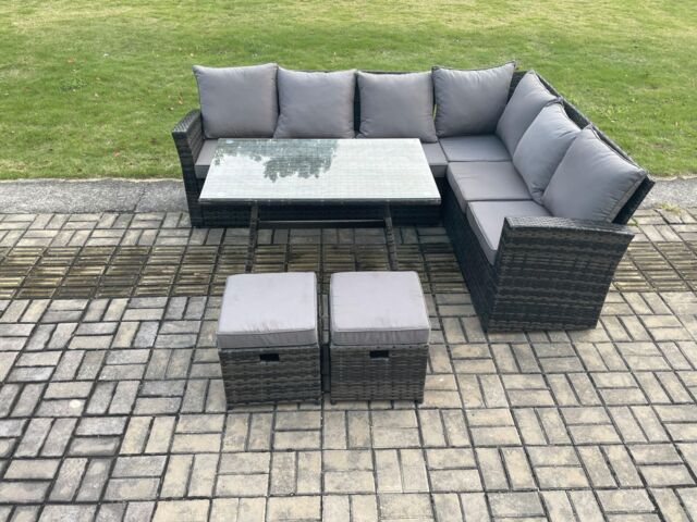 Fimous Outdoor Furniture Garden Dining Set Rattan Corner Sofa Set Rectangular Dining Table with Temper Glass 2 Small Footstools in Dark Grey - image 1