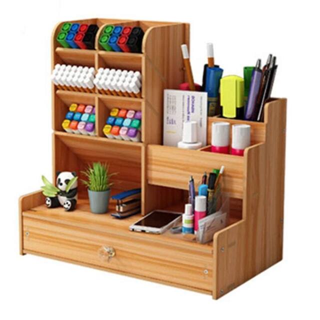 VOGREX Desktop Organiser Pen Holder Tabletop Storage Box with Drawer in Light Oak - image 1