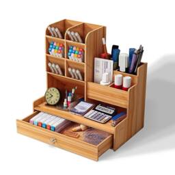 VOGREX Desktop Organiser Pen Holder Tabletop Storage Box with Drawer in Light Oak - thumbnail 3